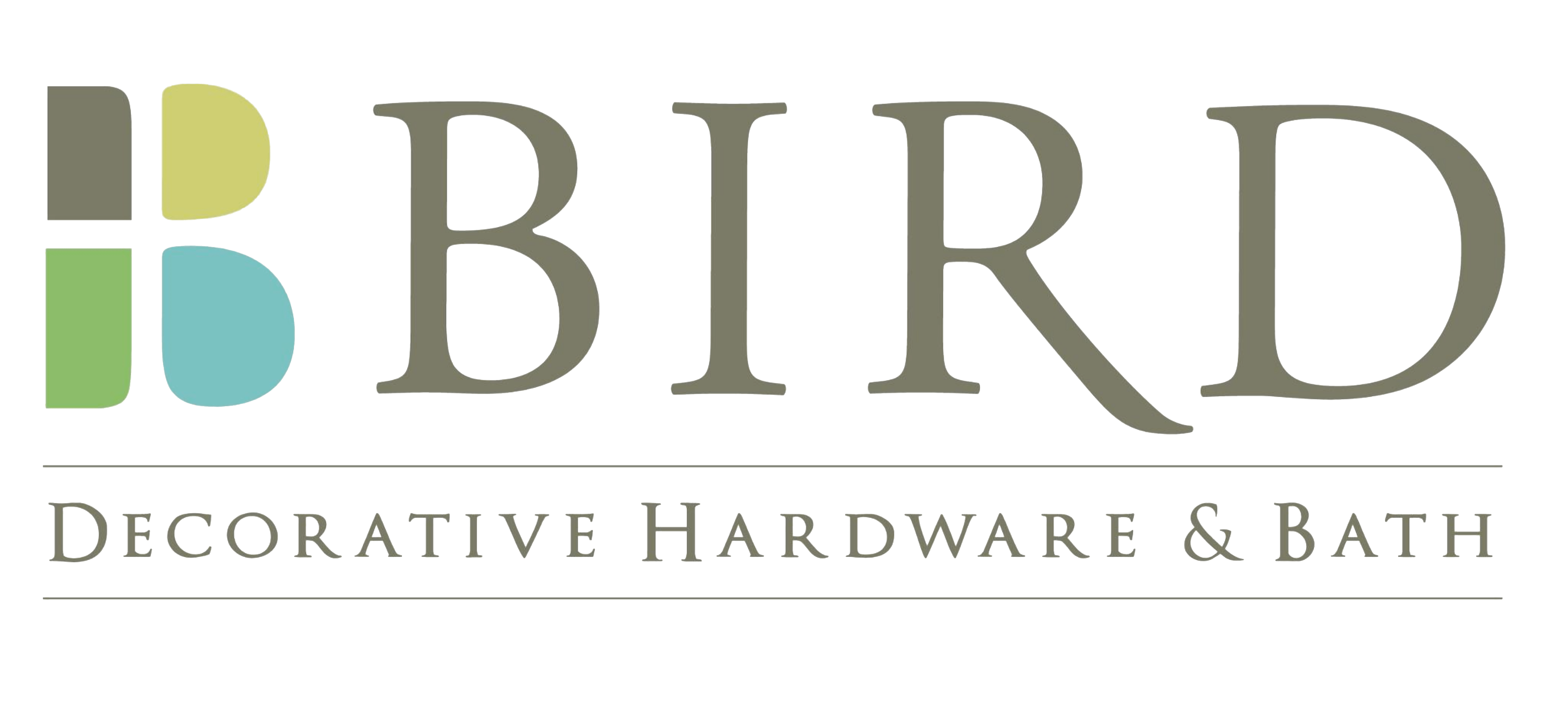 Logo for Bird Decorative Hardware & Bath featuring the word "BIRD" in large letters above the phrase "Decorative Hardware & Bath." A symbol with four rounded rectangles in blue, green, and yellow is on the left.