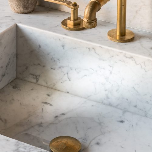 A marble sink with a shiny brass faucet and handle sits on a marble countertop. A small pot of green succulents is placed on the counter's edge, adding a touch of greenery to the elegant setting.