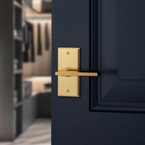 Close-up of a dark blue door slightly ajar with a sleek, rectangular brass door handle and backplate. In the background, a blurred view of a closet with hanging clothes and shelves is visible.