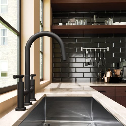 Modern kitchen with a sleek black faucet and marble countertop. The backsplash features glossy black subway tiles. Utensils hang on a rack next to open shelves displaying dishes and glassware. Large window provides natural light.